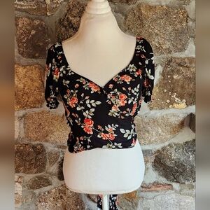American Eagle Wrap Top Floral Short Puff Sleeve Cropped Boho Tie Size Small